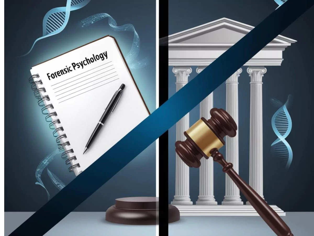 Concept images showing two sides of forensic psychology jobs-including court and research.