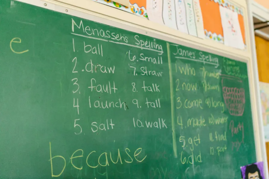 A list of spelling words to memorize written on a green chalkboard